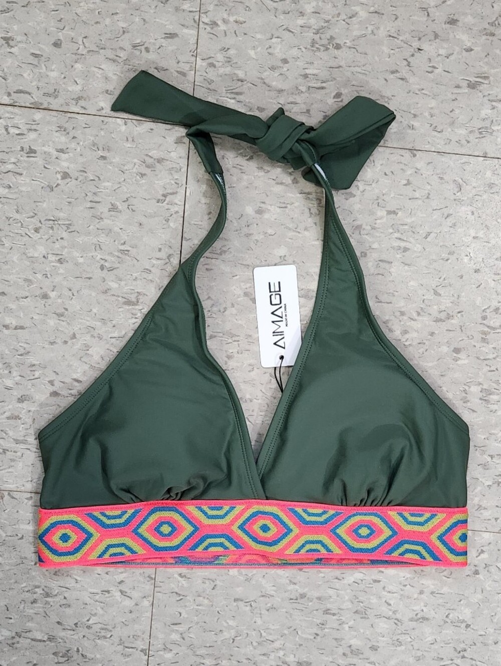 Olive Green Halter Swim Top with Multicolor Band